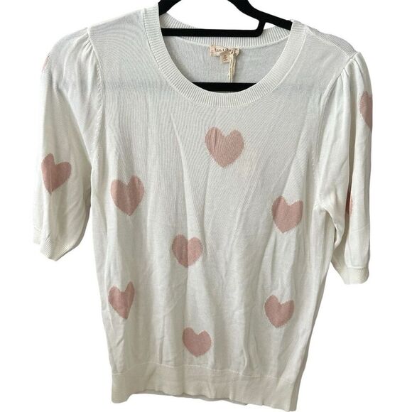 Hem & Thread Women's Ivory Heart Print Pullover Sweater Size M - Picture 2 of 6